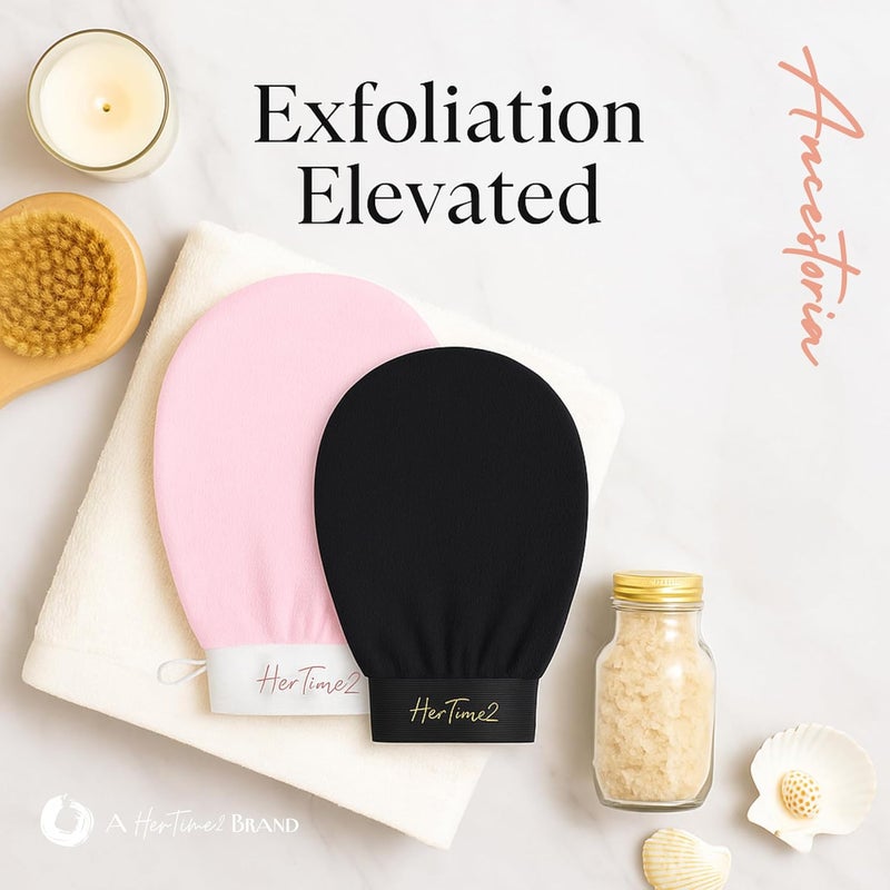 HerTime2 Ancestoria Korean Exfoliating Gloves for Shower, Pink and Black, 2-Pack, Deep Exfoliating Mitts for Body, Reusable and Chemical-Free, A Brand - Image 2